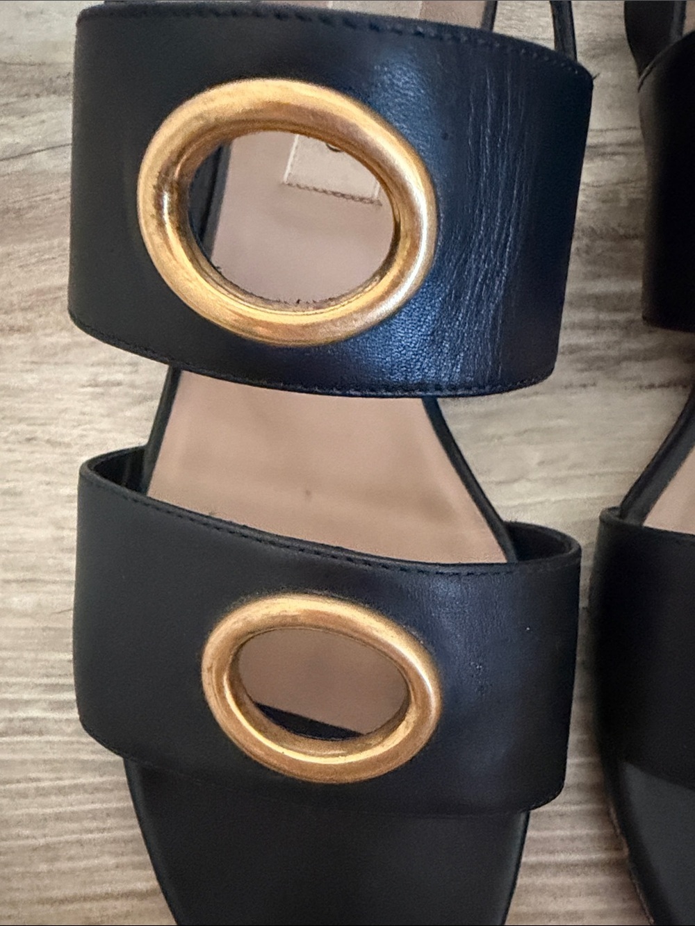 Valentino Black Leather Sandals with Gold Ring Accents - Picture 3 of 15